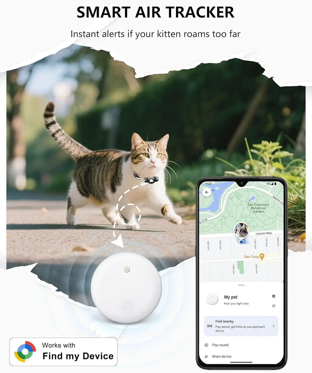 Bluetooth Tracker for Pets - Compatible with Google Find My (Android Only) - Cat Location Tracker with Holder and Collar Attachment