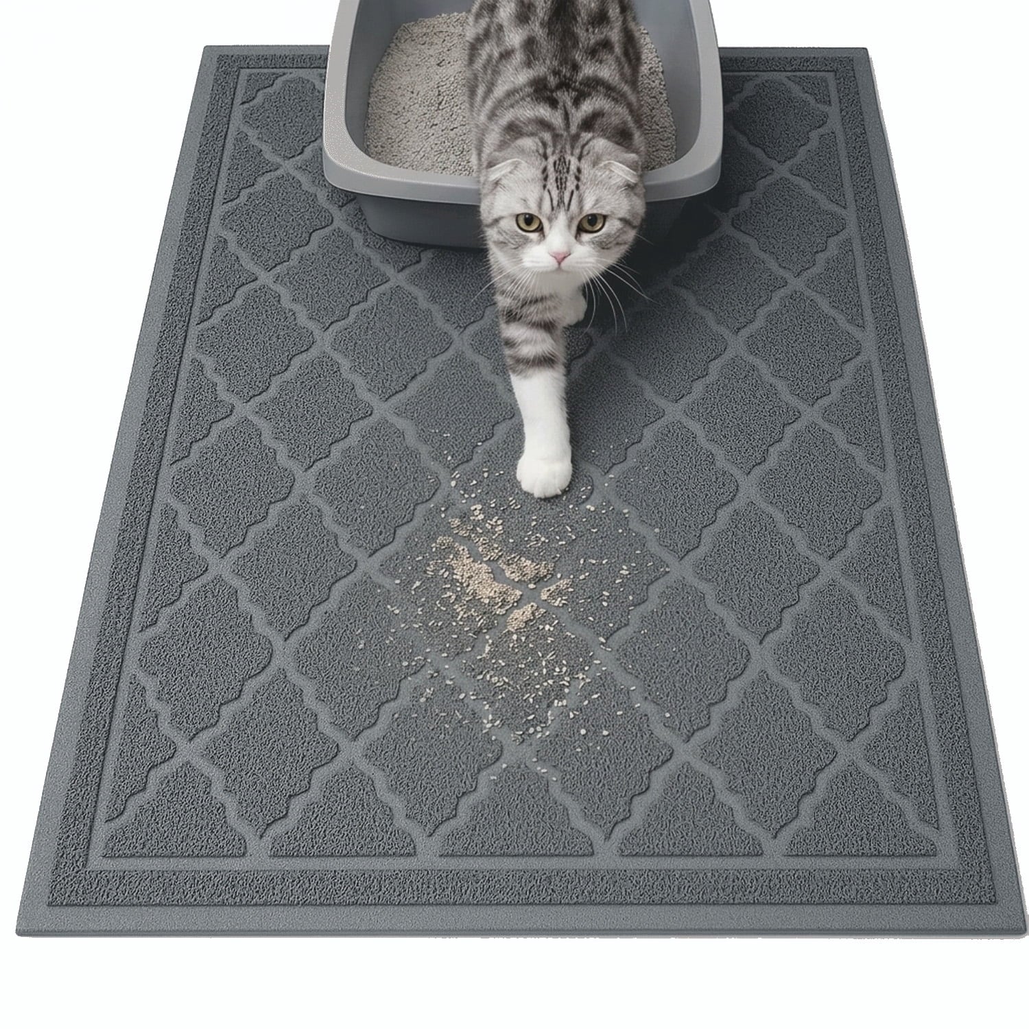 Cat Litter Mat - 24" x 17" Non-Slip Waterproof Litter Trapping Mat, Gentle on Cat's Paws, Grey