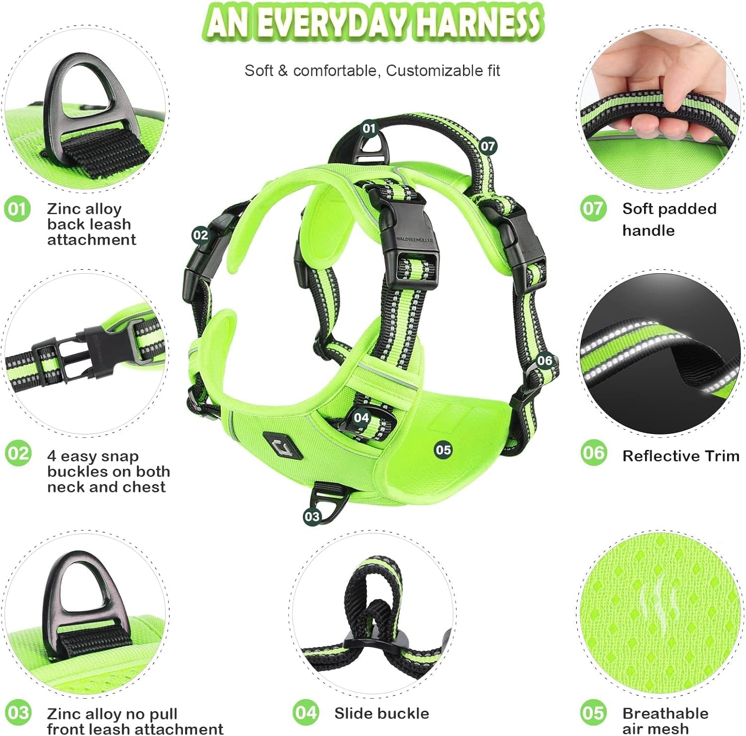 Waldseemuller No-Pull Dog Harness for Large Dogs - Easy Walk Harness with 4 Buckles for Medium to Extra Large Dogs and Puppy Training