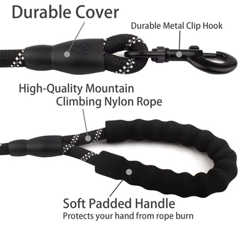 Reflective Dog Leash with Padded Handle - Heavy-Duty Double Traction Rope for Large Breeds - Enhanced Safety Features