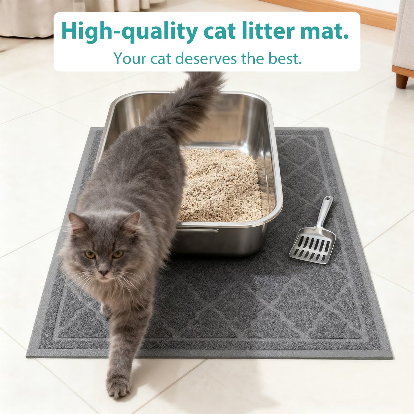 Cat Litter Mat - 24" x 17" Non-Slip Waterproof Litter Trapping Mat, Gentle on Cat's Paws, Grey